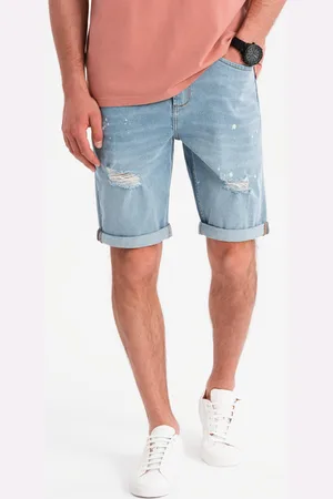 Ombre Clothing Męskie krótkie spodenki jeansowe z przetarciami i podwiniętą nogawką – jasnoniebieskie V1 OM-SRDS-0186