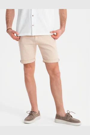 Ombre Clothing Jeansowe męskie klasyczne szorty z podwiniętą nogawką – kremowe V2 OM-SRDS-0162