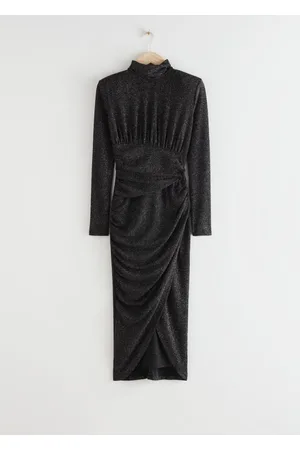 Other Stories Draped Padded Shoulder Midi Turtleneck Dress