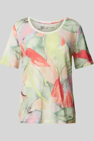 Toni T-shirt lniany z kwiatowym nadrukiem na całej powierzchni model ‘Esra’