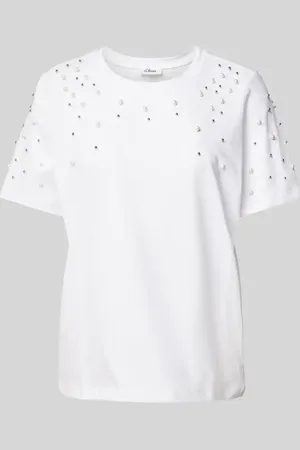 QS by s.Oliver T-shirt o kroju relaxed fit z czystej bawełny z biżuteryjnymi perłami