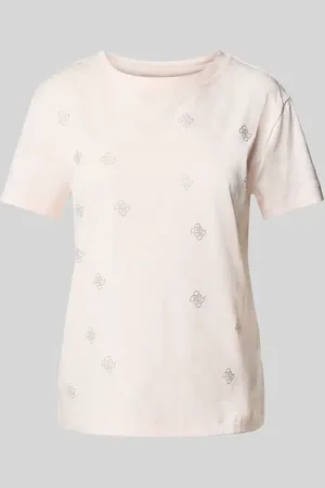 Guess T-shirt z prążkowanym, okrągłym dekoltem model ‘CHRYSANTA’