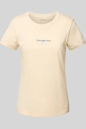 Calvin Klein T-shirt z nadrukiem z logo i prążkowanym, okrągłym dekoltem