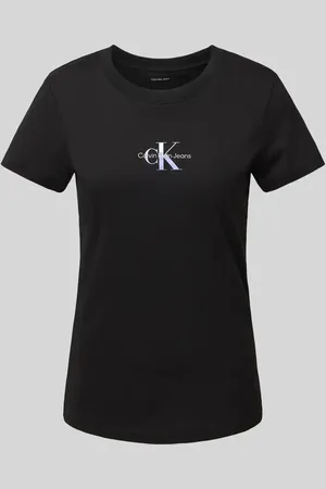 Calvin Klein T-shirt z nadrukiem z logo i prążkowanym, okrągłym dekoltem