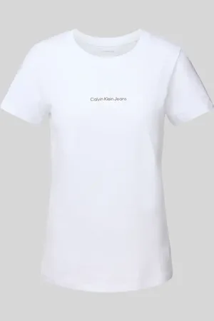 Calvin Klein T-shirt z nadrukiem z logo i prążkowanym, okrągłym dekoltem