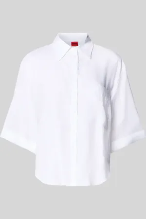 HUGO BOSS Bluzka koszulowa lniana o kroju relaxed fit z kieszenią na piersi model ‘Evona’