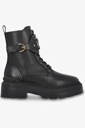 Pinko Skórzane botki militarne z paseczkiem i logo