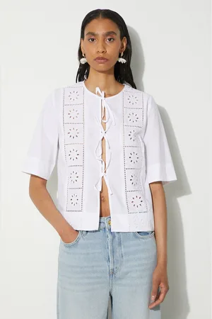 Ganni Koszula bawełniana Broderie Anglaise Tie Blouse damska kolor relaxed F9655