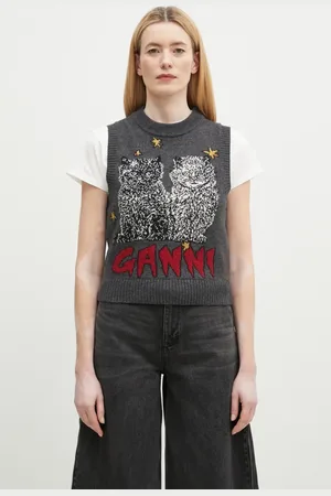 Ganni Sweter z domieszką wełny Graphic Wool Mix Cats Vest damski kolor ciepły K2375