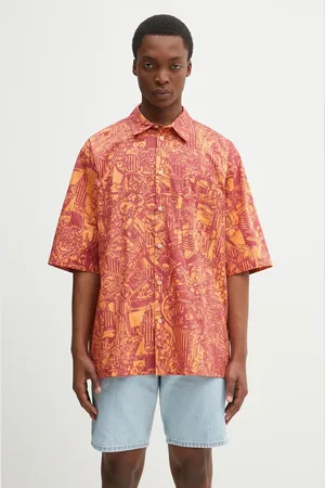 MARCELO BURLON Koszula bawełniana Aop Mech Bowling Shirt Orange Burgundy męska kolor relaxed z kołnierzykiem klasycznym CMGG002S25FAB0012