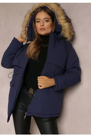 Renee Granatowa Kurtka Parka z Odpinanym Kapturem i Futerkiem Veazee