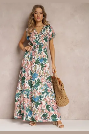 Renee Biało-Zielona Sukienka z Wiskozy Maxi w Kwiaty Mahiza
