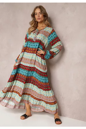 Renee Kobieta Sukienki Maxi - Niebiesko-Czerwona Rozkloszowana Sukienka Boho z Wiązaniem Przy Dekolcie Haema