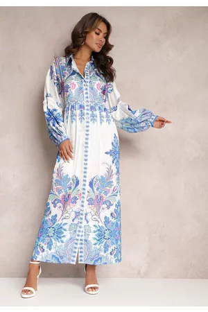 Renee Biało-Niebieska Koszulowa Sukienka Maxi Oversize w Kwiatowy Wzór Amirsa