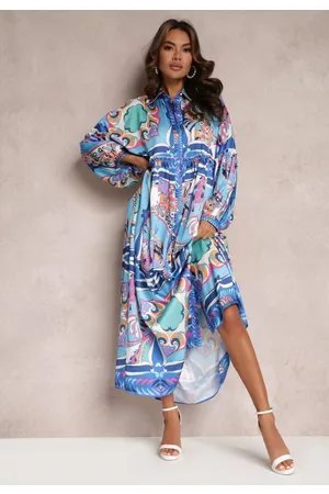 Renee Niebieska Sukienka Maxi Oversize w Kolorowy Ornamentalny Wzór Stama