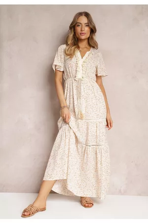 Renee Kobieta Sukienki Maxi - Jasnobeżowa Sukienka Boho z Chwostami i Ażurowymi Zdobieniami Poniti