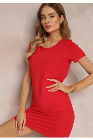 Renee Kobieta Sukienki dopasowane - Czerwona Pudełkowa Sukienka z Bawełny z Krótkimi Rękawami i Kieszeniami Aridia