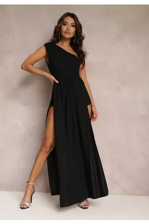 Renee Kobieta Sukienki asymetryczne - Czarna Brokatowa Sukienka Maxi z Asymetryczną Górą i Rozkloszowanym Dołem Eulita