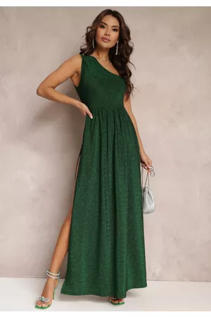 Renee Kobieta Sukienki asymetryczne - Zielona Brokatowa Sukienka Maxi z Asymetryczną Górą i Rozkloszowanym Dołem Eulita