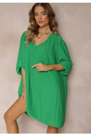 Renee Kobieta Oversize - Zielona Plisowana Sukienka Mini z Długimi Rękawami Oversize Ticini
