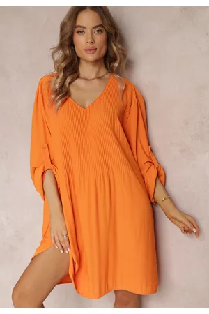 Renee Kobieta Oversize - Pomarańczowa Plisowana Sukienka Mini z Długimi Rękawami Oversize Ticini