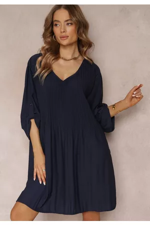 Renee Kobieta Oversize - Granatowa Plisowana Sukienka Mini z Długimi Rękawami Oversize Ticini
