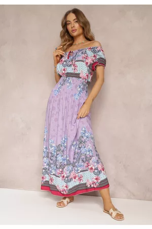 Renee Kobieta Sukienki Maxi - Fioletowa Bawełniana Sukienka z Gumkami w Pasie i Hiszpańskim Dekoltem Laenianna