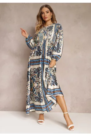 Renee Kobieta Sukienki Maxi - Granatowo-Beżowa Rozkloszowana Sukienka Maxi w Stylu Boho z Gumką w Pasie Elenetha