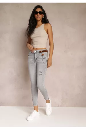 Renee Kobieta Skinny - Szare Jeansy Skinny z Dziurami i Dodatkowym Paskiem z Łańcuszkiem Kenzli