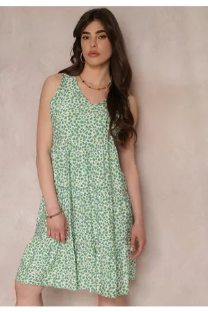 Renee Kobieta Sukienki Bawełniane - Zielona Bawełniana Sukienka Midi Bez Rękawów Telina