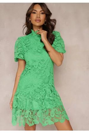 Renee Kobieta Sukienki mini - Zielona Sukienka z Koronkowym Haftem Paisley i Bufiastymi Rękawami Briena