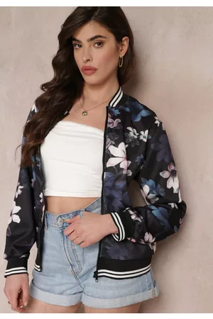 Renee Kobieta Bluzy w Kwiaty - Czarna Bluza o Fasonie Bomberki w Kwiaty Claritta