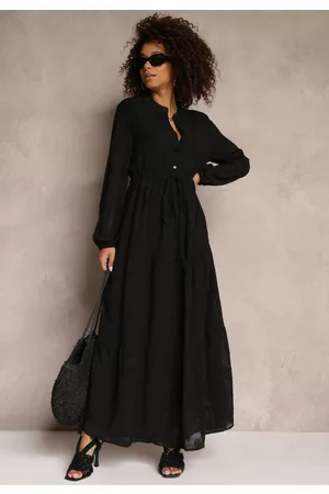 Renee Kobieta Sukienki Maxi - Czarna Sukienka Maxi Wiązana w Pasie z Tkaniny Plumeti Opisan