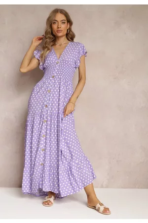 Renee Kobieta Sukienki Maxi - Fioletowa Rozkloszowana Sukienka Maxi w Kropki z Gumką w Talii Janey