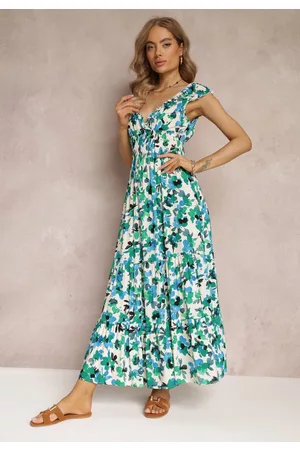 Renee Kobieta Sukienki z nadrukiem - Zielona Kopertowa Sukienka Maxi w Kwiaty z Gumką w Pasie z Wiskozy Marielys