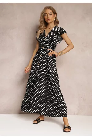 Renee Kobieta Sukienki Maxi - Czarna Rozkloszowana Sukienka Maxi w Kropki z Gumką w Talii Janey