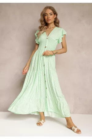 Renee Kobieta Sukienki Maxi - Zielona Rozkloszowana Sukienka Maxi w Kropki z Gumką w Talii Janey