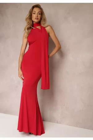 Renee Kobieta Sukienki asymetryczne - Czerwona Asymetryczna Sukienka Maxi z Rozszerzanym Dołem na Jedno Ramię Halfrid