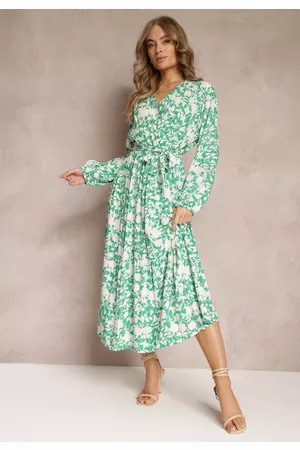 Renee Kobieta Sukienki z nadrukiem - Zielona Sukienka Kopertowa w Kwiaty z Wiązanym Paskiem Faerise