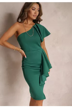 Renee Kobieta Sukienki asymetryczne - Zielona Asymetryczna Sukienka Bodycon z Falbanami na Jedno Ramię Imelia