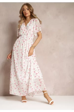 Renee Kobieta Sukienki dopasowane - Biała Rozkloszowana Sukienka z Elastyczną Gumką w Pasie Matalie