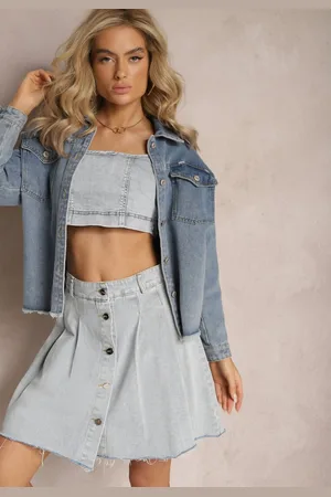 Renee Jasnoniebieska Jeansowa Spódnica Mini z Zakładkami Hollette