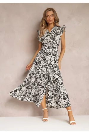 Renee Kobieta Sukienki Maxi - Czarno-Biała Kopertowa Sukienka Maxi z Falbankami przy Ramionach Fuhena
