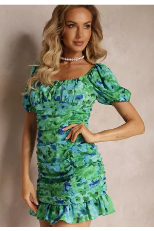 Renee Kobieta Sukienki dopasowane - Zielona Dopasowana Sukienka Mini z Marszczeniem i Falbankami Itolia