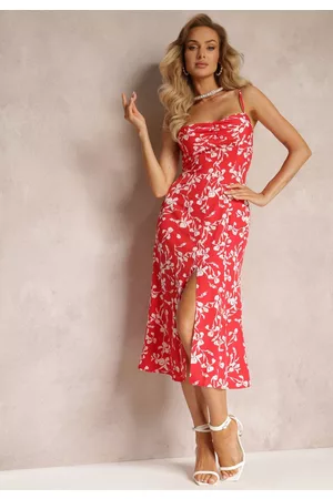 Renee Kobieta Sukienki z nadrukiem - Czerwona Sukienka Midi w Kwiaty na Cienkich Ramiączkach Teyen