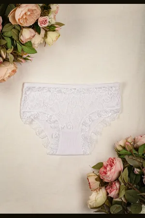 Renee Białe Prążkowane Majtki Figi z Ażurową Koronką Liseta