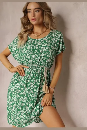 Renee Zielona Wiskozowa Mini Sukienka w Kwiatowy Print z Gumką w Pasie Frolia