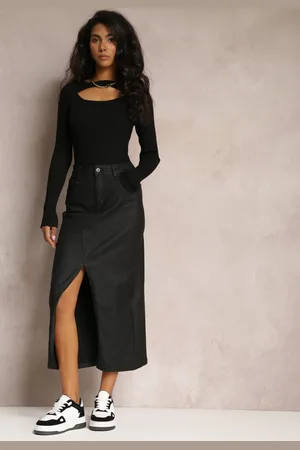 Renee Czarna Midi Spódnica High Waist z Guzikiem i Kieszeniami oraz Suwakiem Navitta