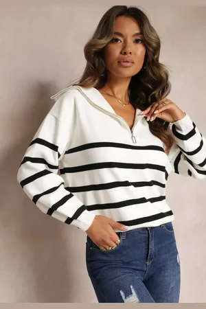 Renee Biało- Golf Sweter ze Ściągaczami w Paski Zapinany na Suwak Likatte
