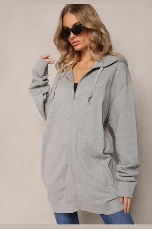 Renee Szara Bluza Oversize z Kapturem i Zapięciem na Suwak Bilende